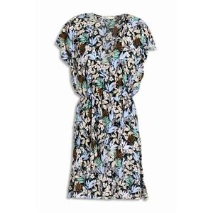 Maje Floral Print Dress V Neck Short Sleeve Green Blue Size 40 (Large)‎